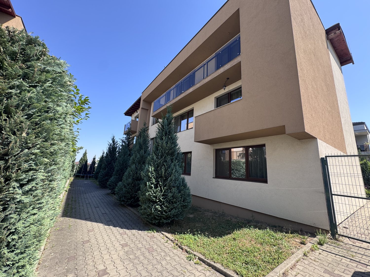 Aleea de acces și gardul viu care desparte imobilul de stradă