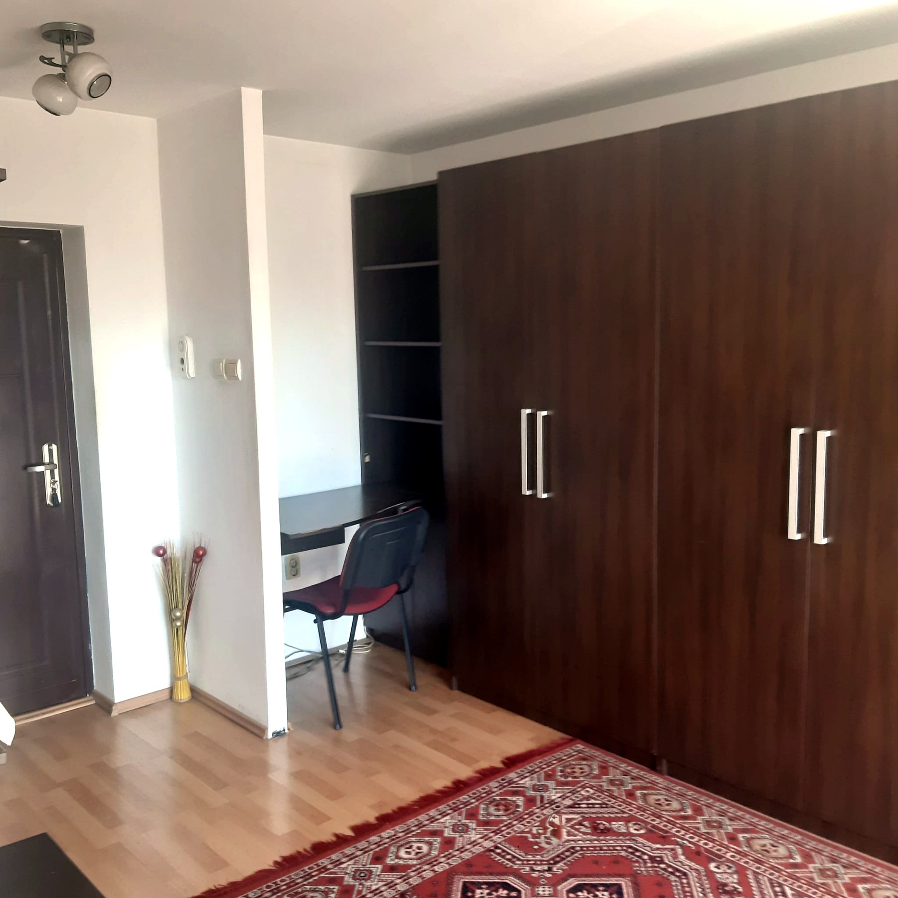 Intrarea și corpul de mobilier care delimitează zona de zi
