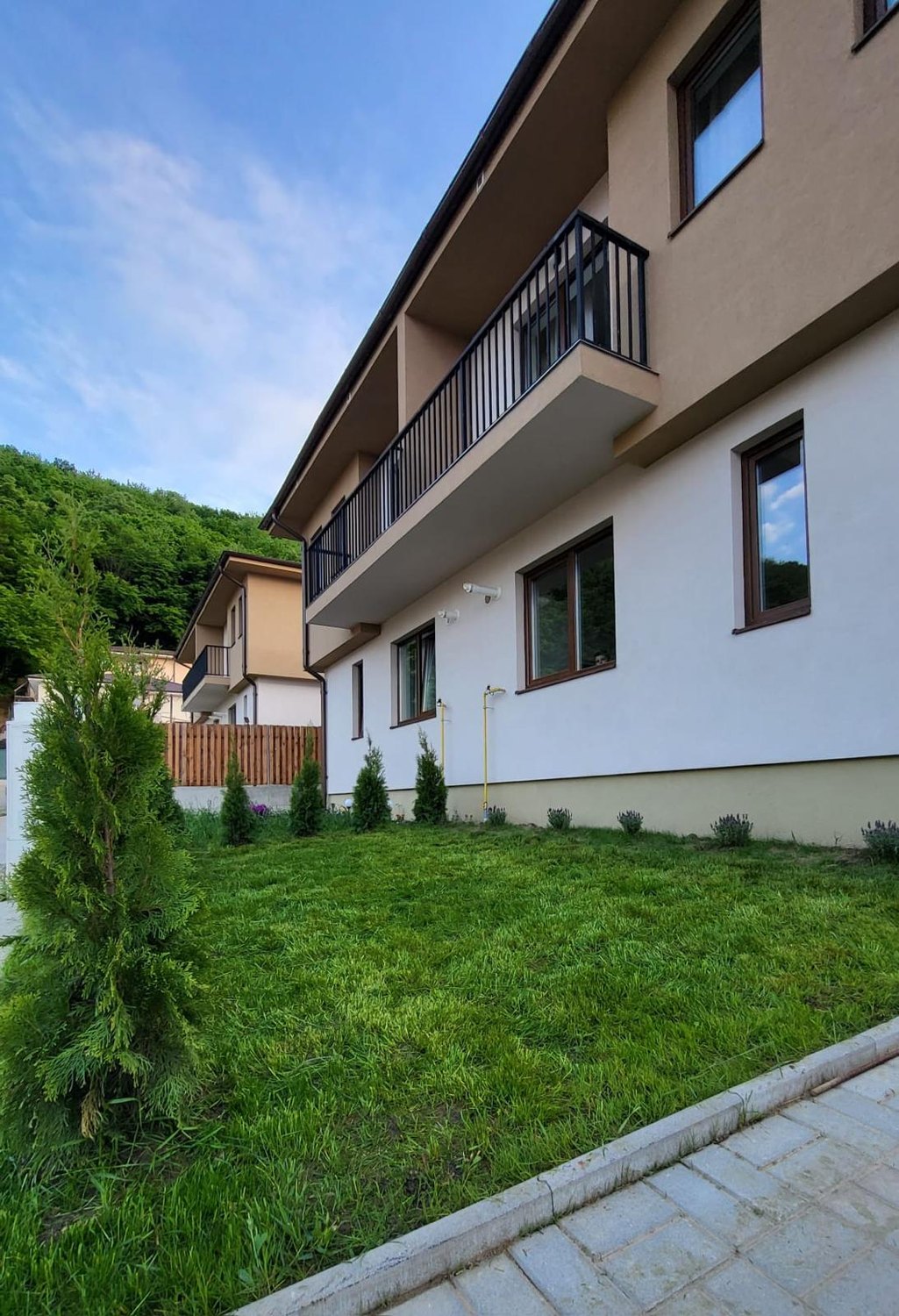 Ansamblul de duplexuri văzut din lateral, cu dealul împădurit în spate